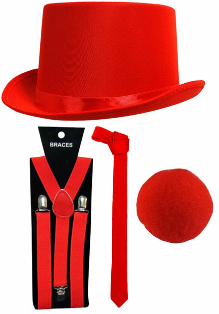 Red Nose Day Satin Top Hat Tie Nose Braces Comic Relief Fancy