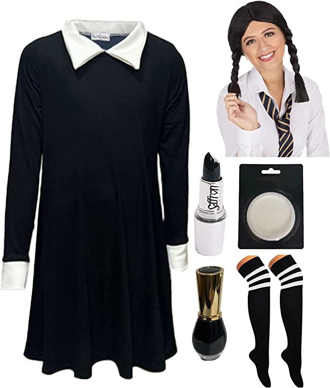 labreeze Gothic School Girl Long Wig with Plain Black School Girl Swing Dress Party Costume - Labreeze