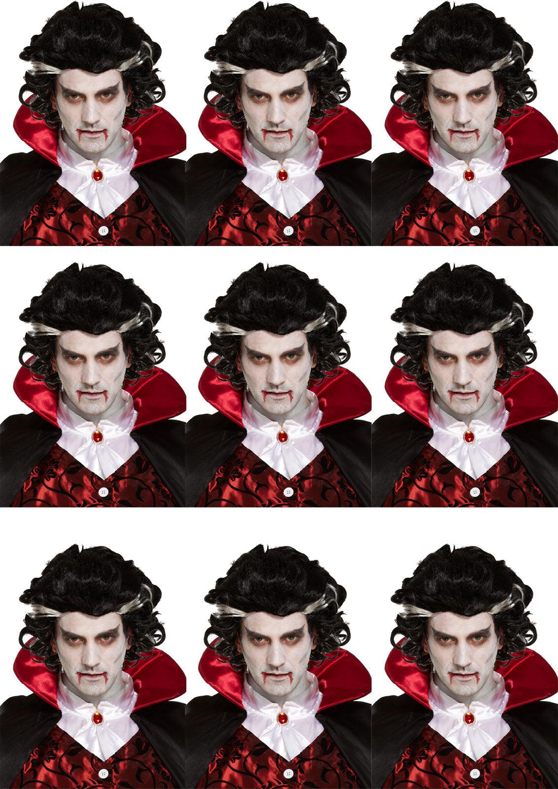 12x Vampire Wigs for Men - Two-Tone Black Wig with White Streaks - Halloween Spooky Scary Fancy Dress Party Costume Accessories - Labreeze