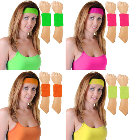 1980’s Neon Toweling Wristband Headband Neon UV party Fancy Dress Accessory Set - Labreeze