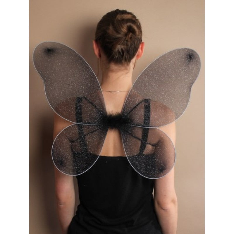 Black Net Fairy Wings With Silver Glitter - Girls' Fancy Dress Costume Accessory