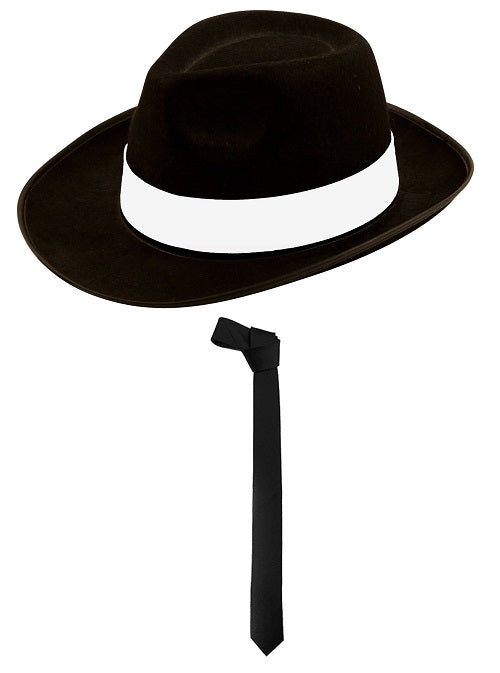 Sophisticated Gangster Ensemble: Black Al Capone Hat, White Band, Black Skinny Tie - Complete Roaring 1920’s Fancy Dress Set for Adults