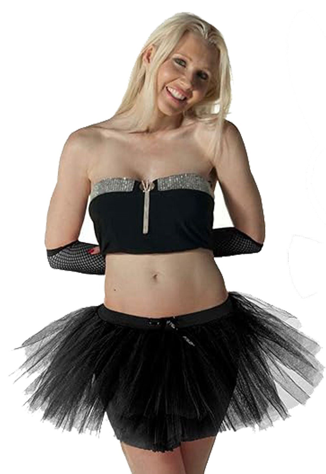 Black 3-Layer Tutu Skirt, Bunny Ears, Bow Tie, and Long Black Satin Gloves - Halloween Scary Spooky Fancy Dress Costume Set