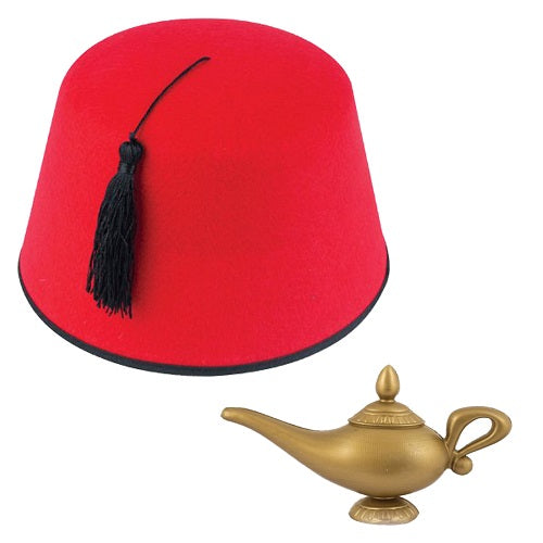 Transform into Aladdin: Fancy Dress Kit with Red Fez Hat, Tassel, Genie Lamp, and Chinaman Mustache - Perfect Party Character Set