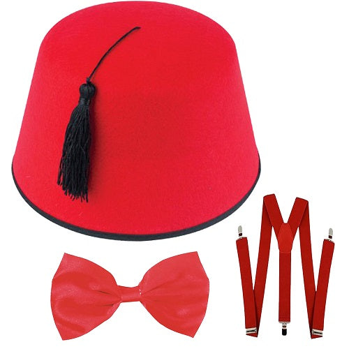 Step into Time: Turkish Costume Set - Red Fez Hat, Bow Tie, Suspender - 3 Pcs for Fancy Dress, Cosplay, and Time Traveler Parties