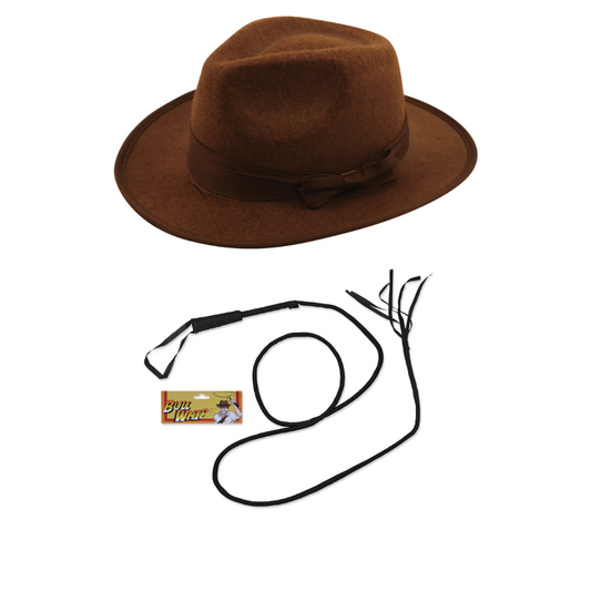 Indiana Jones Style Brown Kids Explorer Hat & Bull Whip Set - Adventure Fancy Dress Accessories, Explorer Costume Kit, Kids Safari Hat & Whip for Halloween, Role Play, & Themed Parties