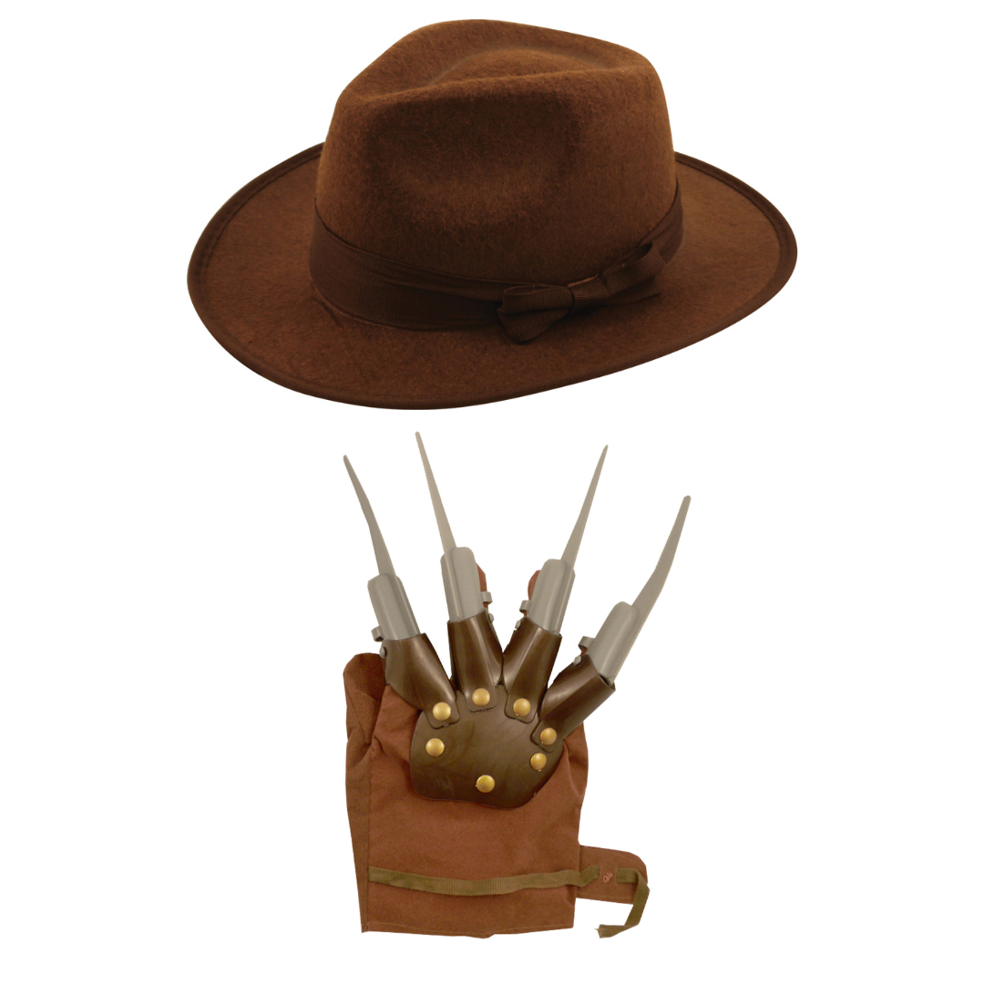 Kids Explorer Hat & Brown Claw Hand Glove Freddy Krueger Style Unisex Halloween Fancy Dress Party Set - Adventure Costume, Scary Claw Gloves & Explorer Hat for Boys & Girls