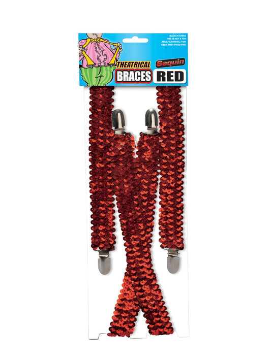 Theatrical Sequin Braces - Adjustable Clip-On Elastic Y-Back Red Suspenders