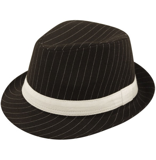 Adult Gangster Black Hat with White Stripes and Band - Pinstripe Fedora for Gangster Mob Boss Costume