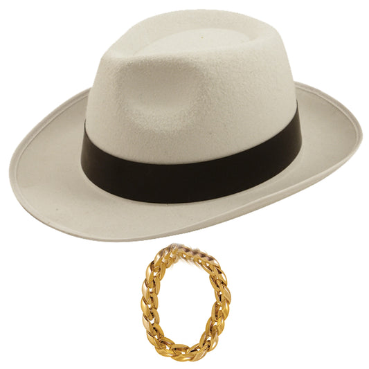 White Al Capone Gangster Hat with Black Band & Gold Gangster Bracelet 1920’s Pimp Fancy Dress Set