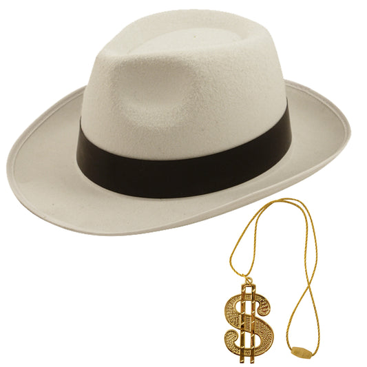 White Al Capone Gangster Hat with Gold Dollar Necklace 1920’s Pimp Gangster Fancy Dress Set