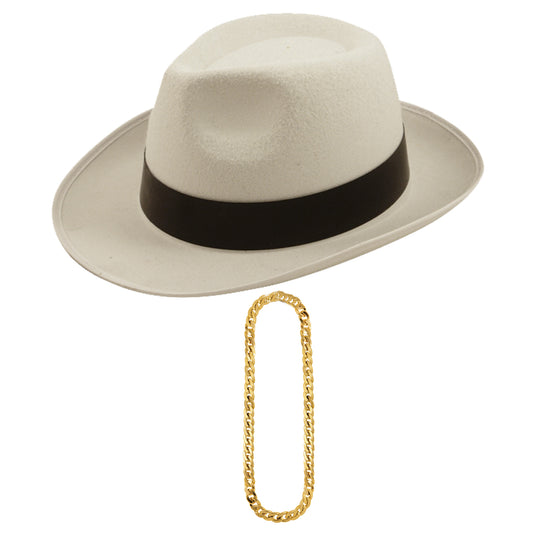 Adults White Gangster Trillby Hat with Gold Gangster Chain 81 Cm 1920’s Pimp Roaring Fancy Dress Set