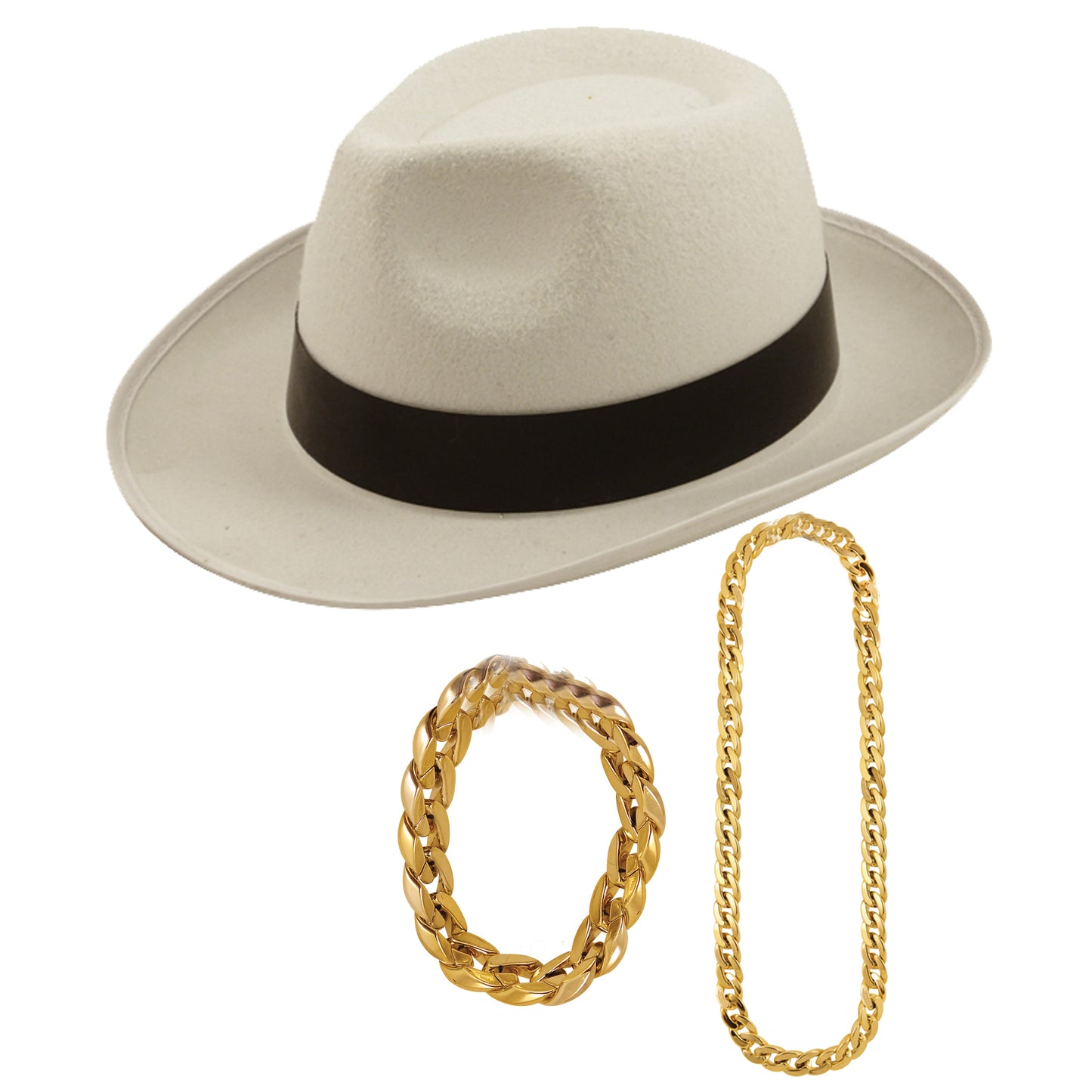 White Gangster Hat Gold Gangster Bracelet & Chain 81 Cm 1920’s Roaring Pimp Gangster Fancy Dress Set