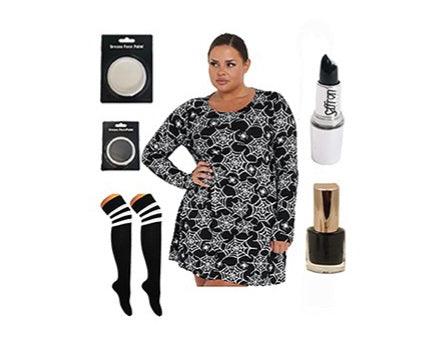 ADULT SPOOKY SPIDERWEB SET WITH SPIDER PRINTED SWING DRESS BLACK NAIL POLISH LIPSTICK FACE PAINT WIG AND STRIPE OTK - Labreeze