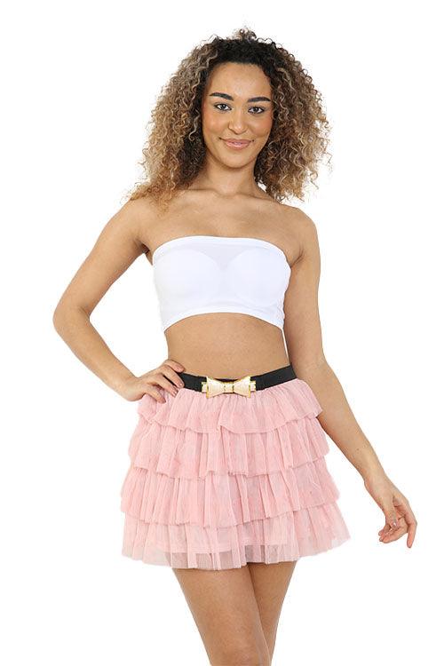 Adults 2 Layers Pink Bow Belt Mesh Tiered Tutu Skirt Ladies Dancewear 1980’s Fancy Dress - Labreeze