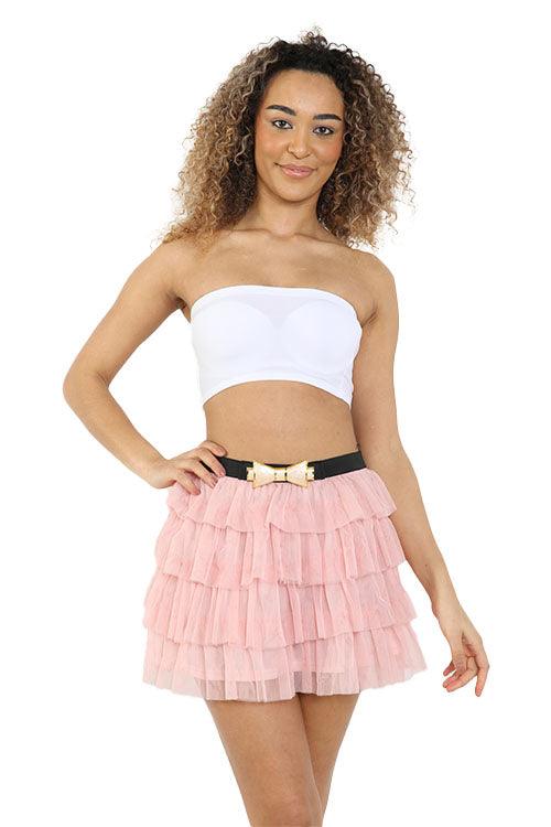 Adults 2 Layers Pink Bow Belt Mesh Tiered Tutu Skirt Ladies Dancewear 1980’s Fancy Dress - Labreeze