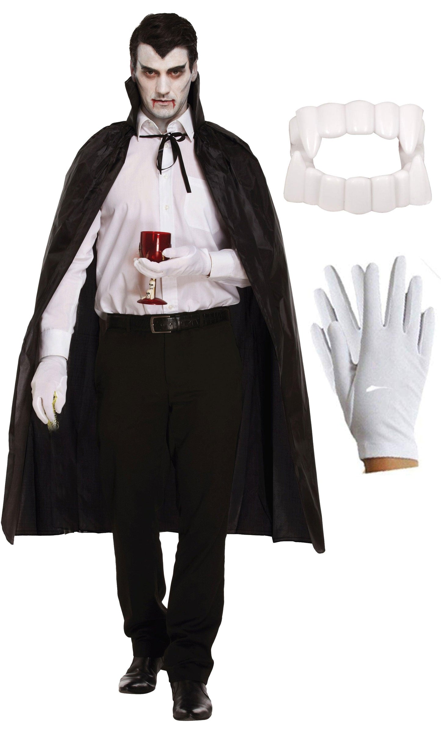 Adults black Long Cape White Fanged Teeth Short Gloves Halloween Classic Vampire Fancy Dress Costume - Labreeze