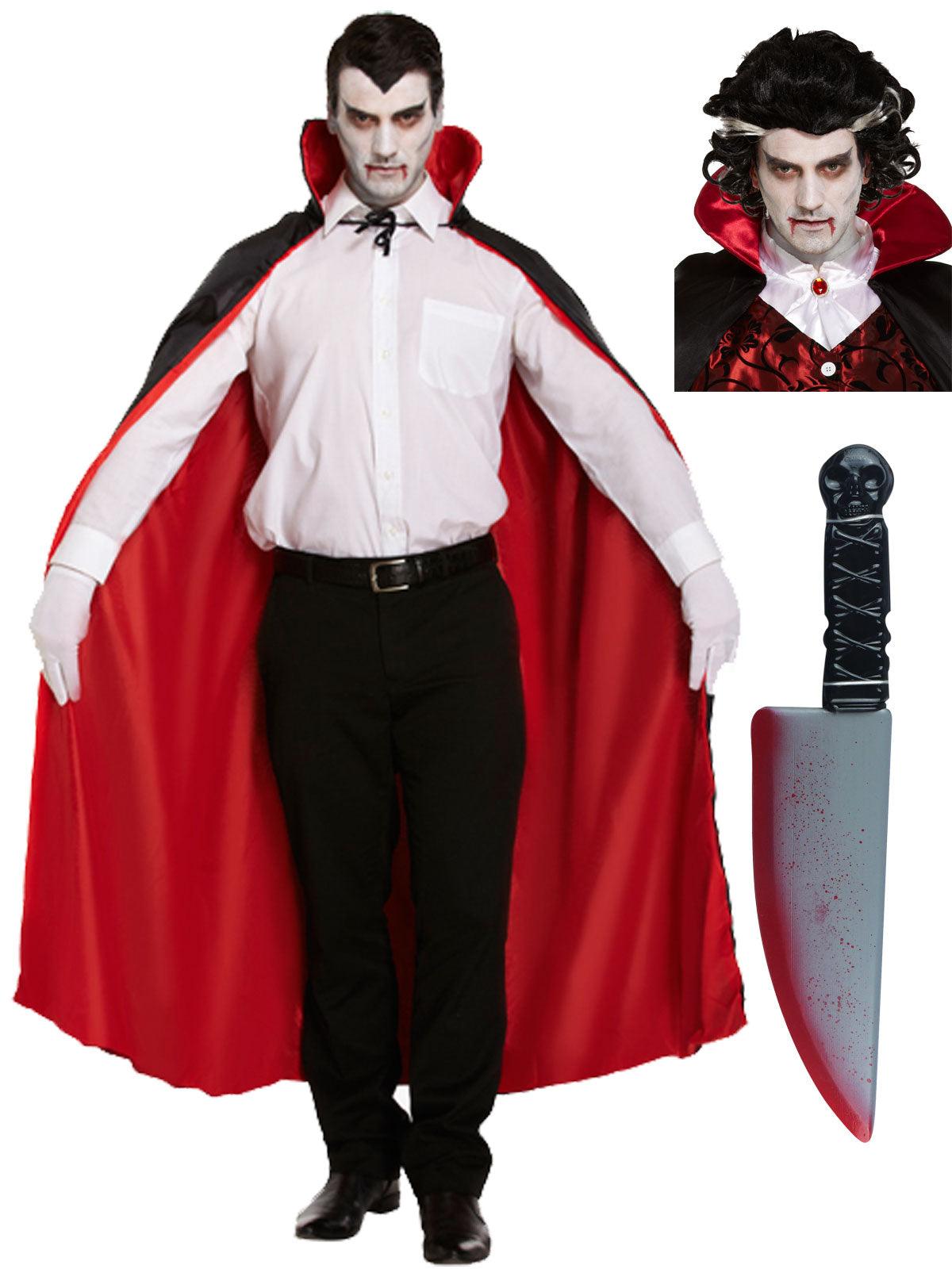 Adults Reversible Cape Vampire Wig Fake Blooded Large Knife 38 Cm Halloween Dracula Vampire Fancy Dress Set - Labreeze