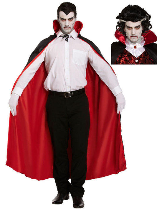 Adults Reversible Red Cape Vampire Wig Fake Blooded Cleaver Halloween Dracula Vampire Scary Fancy Dress Costume - Labreeze