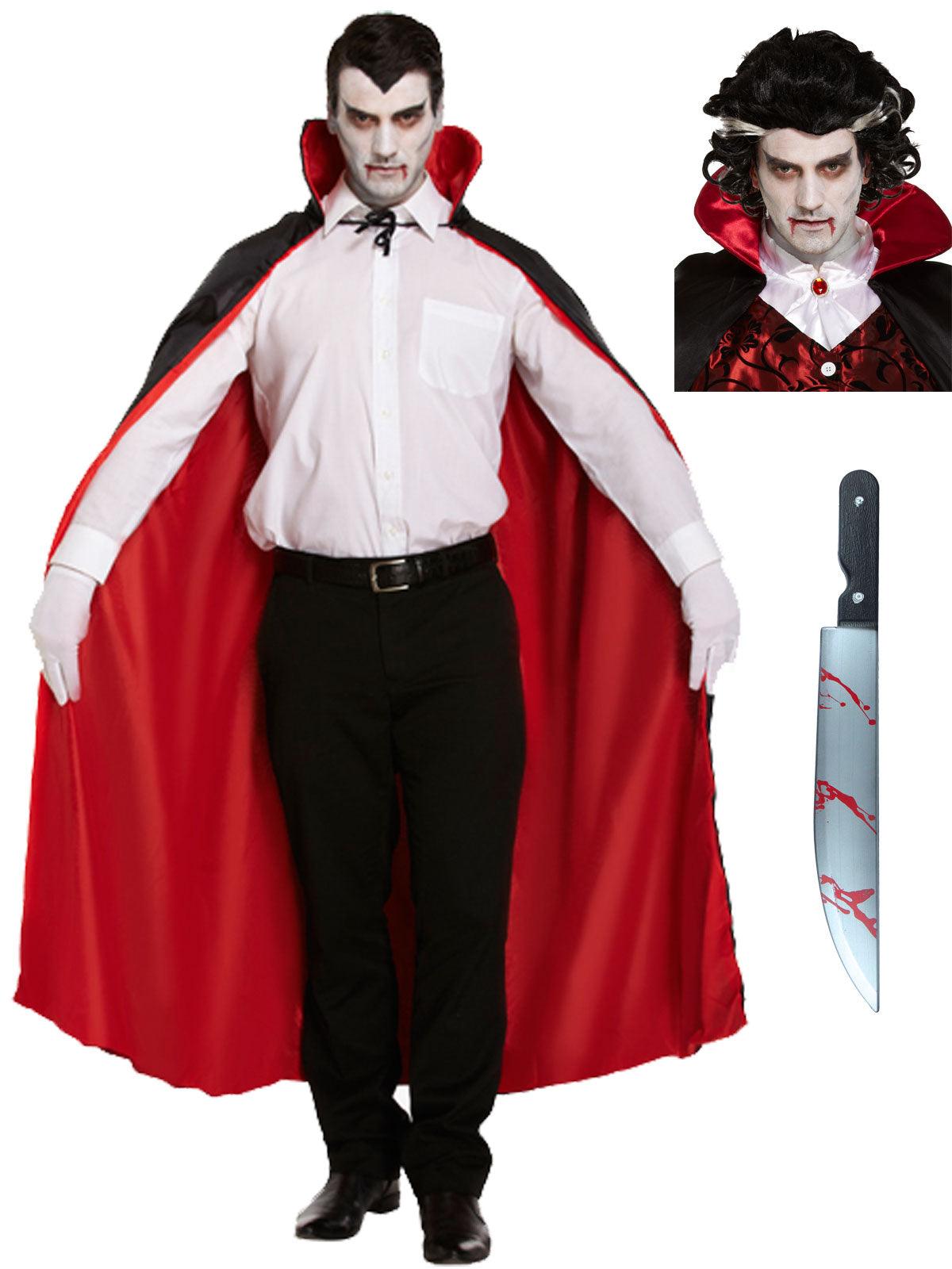 Adults Reversible Red Cape Vampire Wig Fake Blooded Kitchen Knife Halloween Dracula Vampire Scary Fancy Dress Costume - Labreeze