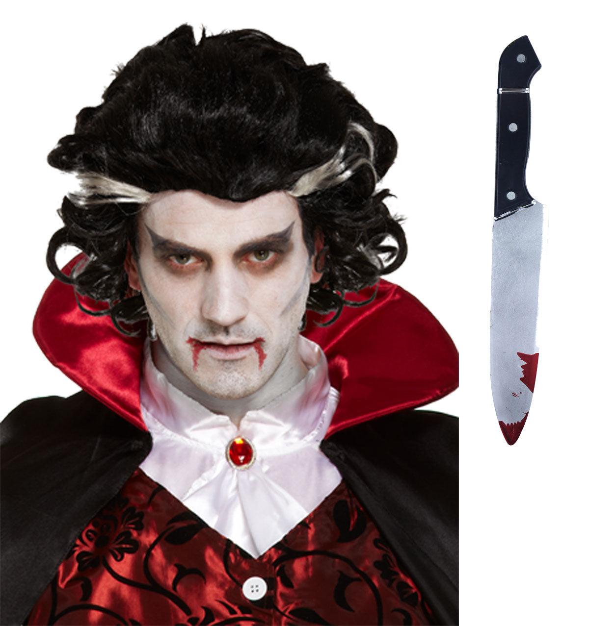 Adults Vampire Wig 130g with Fake Blooded Knife 31 Cm Halloween Spooky Scary Fancy Dress 2 Pcs Set - Labreeze