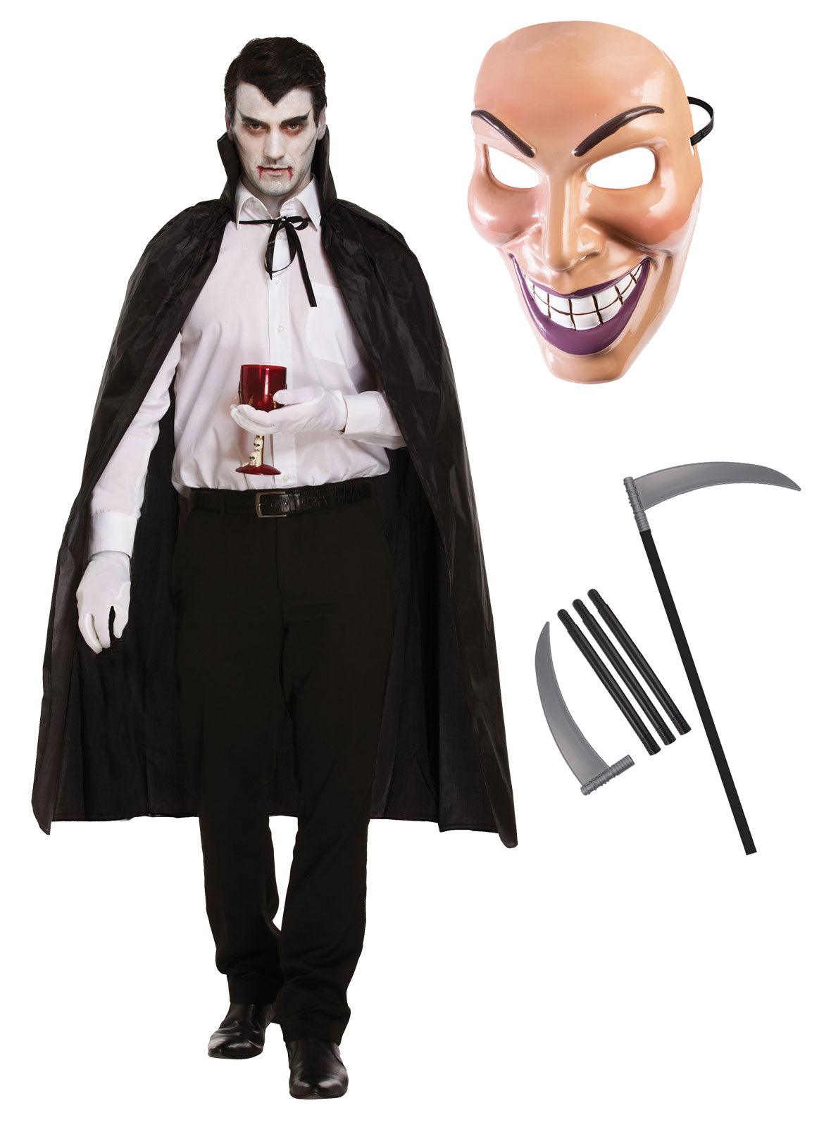 Black Dracula Cape, Male Evil Grin Face Mask, and Reaper Scythe Costume Set - Halloween Dracula Costume - Labreeze