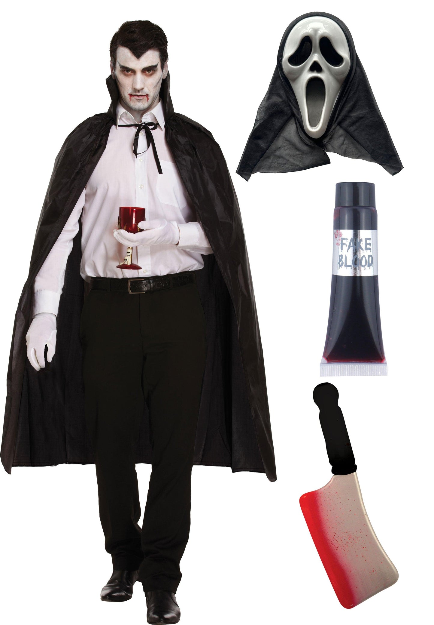 Black Dracula Cape with Collar Scream Ghost Killer Mask Fake Blood Tube Blooded Cleaver Prop Halloween Scary Dracula Costume - Labreeze