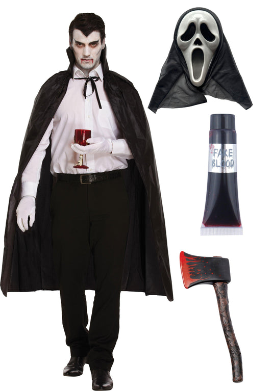 Black Dracula Cape with Collar Scream Ghost Killer Mask Fake Blood Tube Bloody Axe Prop Halloween Scary Dracula Costume - Labreeze