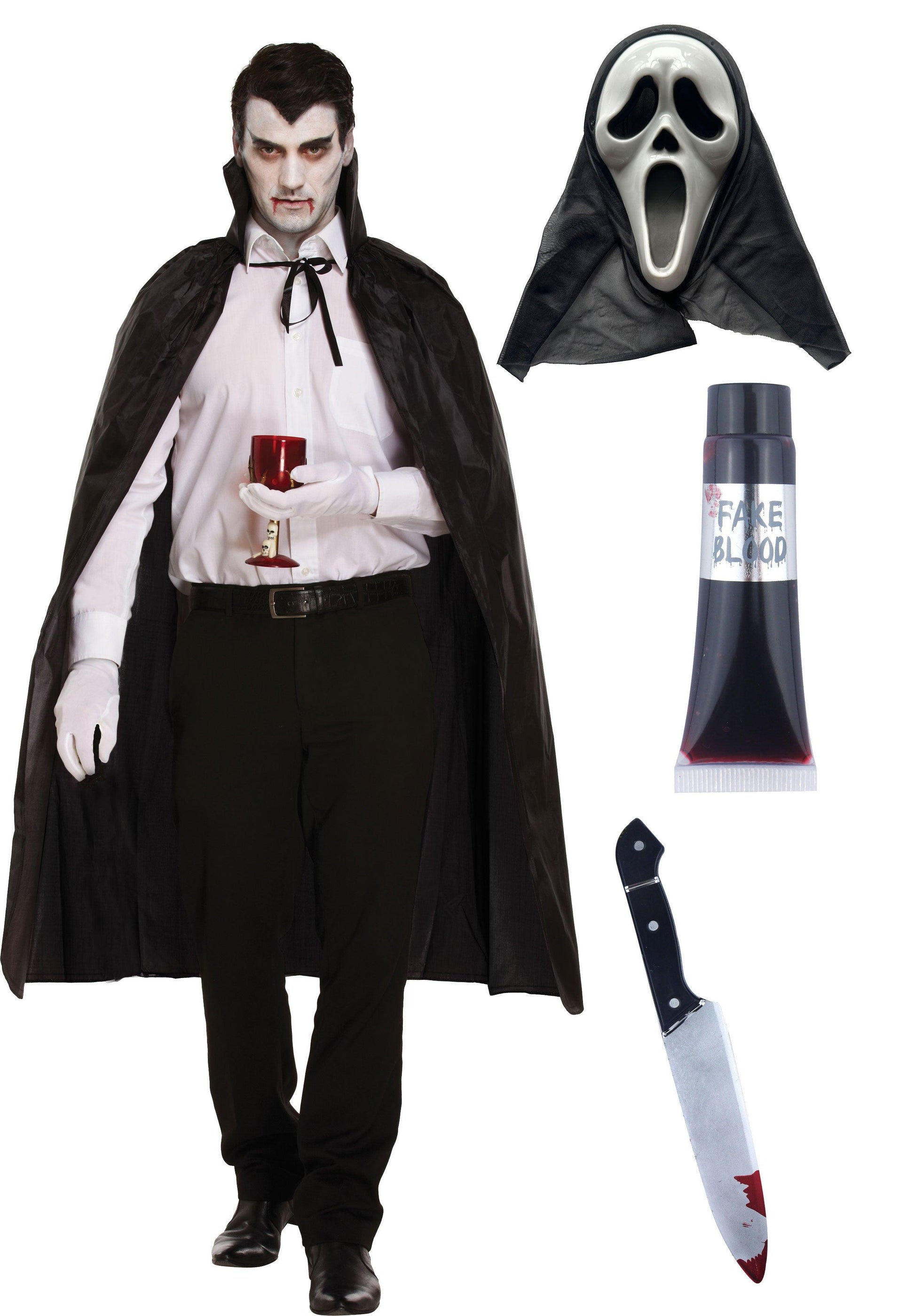 Black Dracula Cape with Collar Scream Ghost Killer Mask Fake Blood Tube Bloody Knife 31 Cm Halloween Scary Dracula Costume - Labreeze