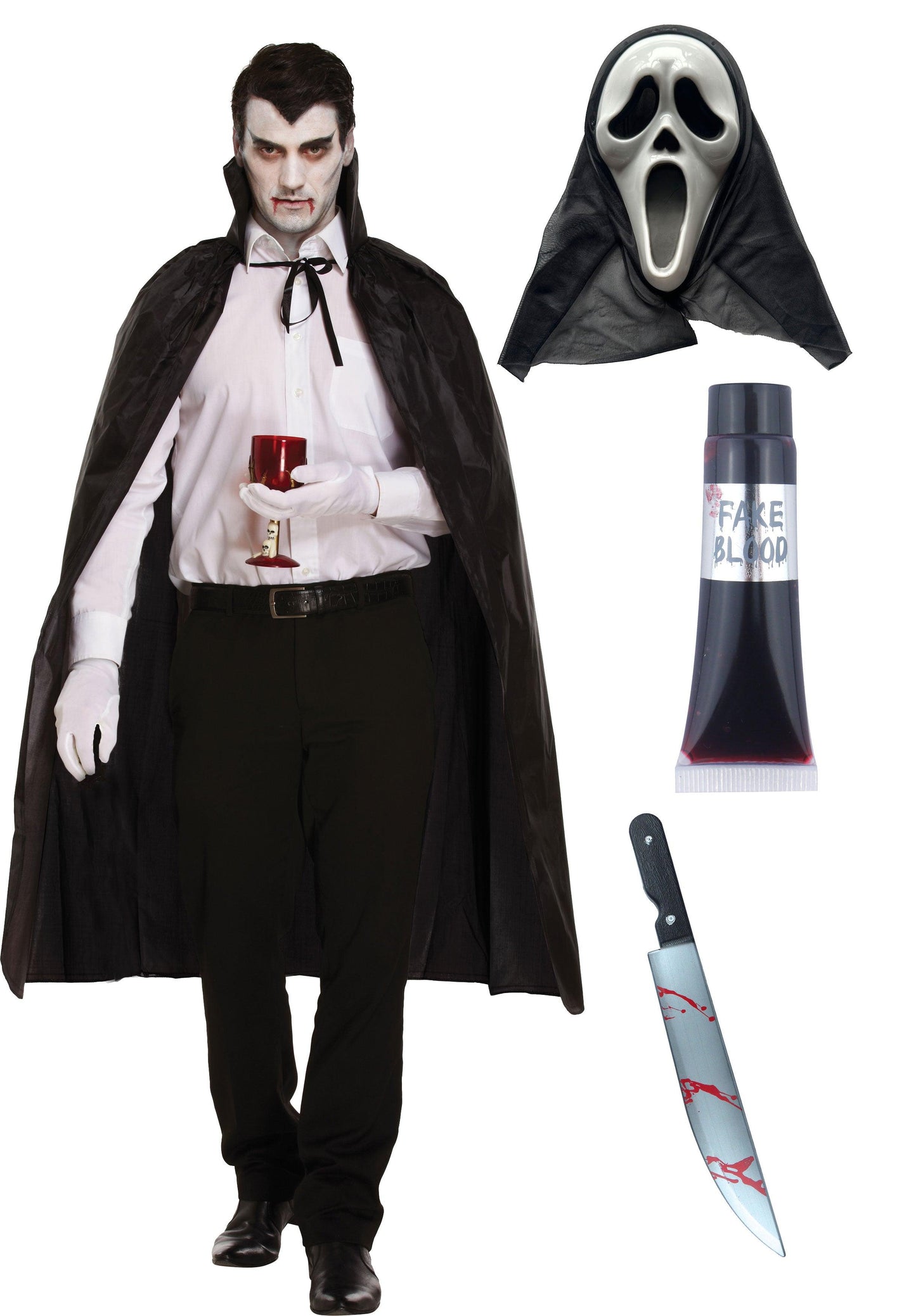 Black Dracula Cape with Collar Scream Ghost Killer Mask Fake Blood Tube Plastic Kitchen Knife 50 Cm Halloween Scary Dracula Costume - Labreeze