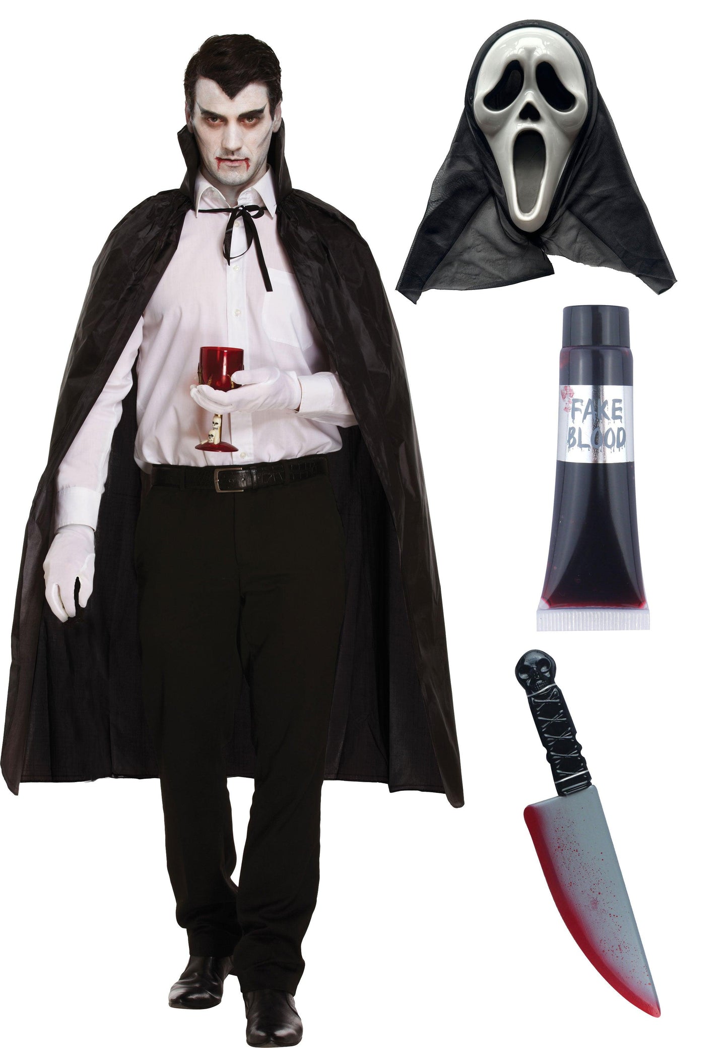 Black Dracula Cape with Collar Scream Ghost Killer Mask Fake Blood Tube Plastic Knife 38 Cm Halloween Scary Dracula Costume - Labreeze