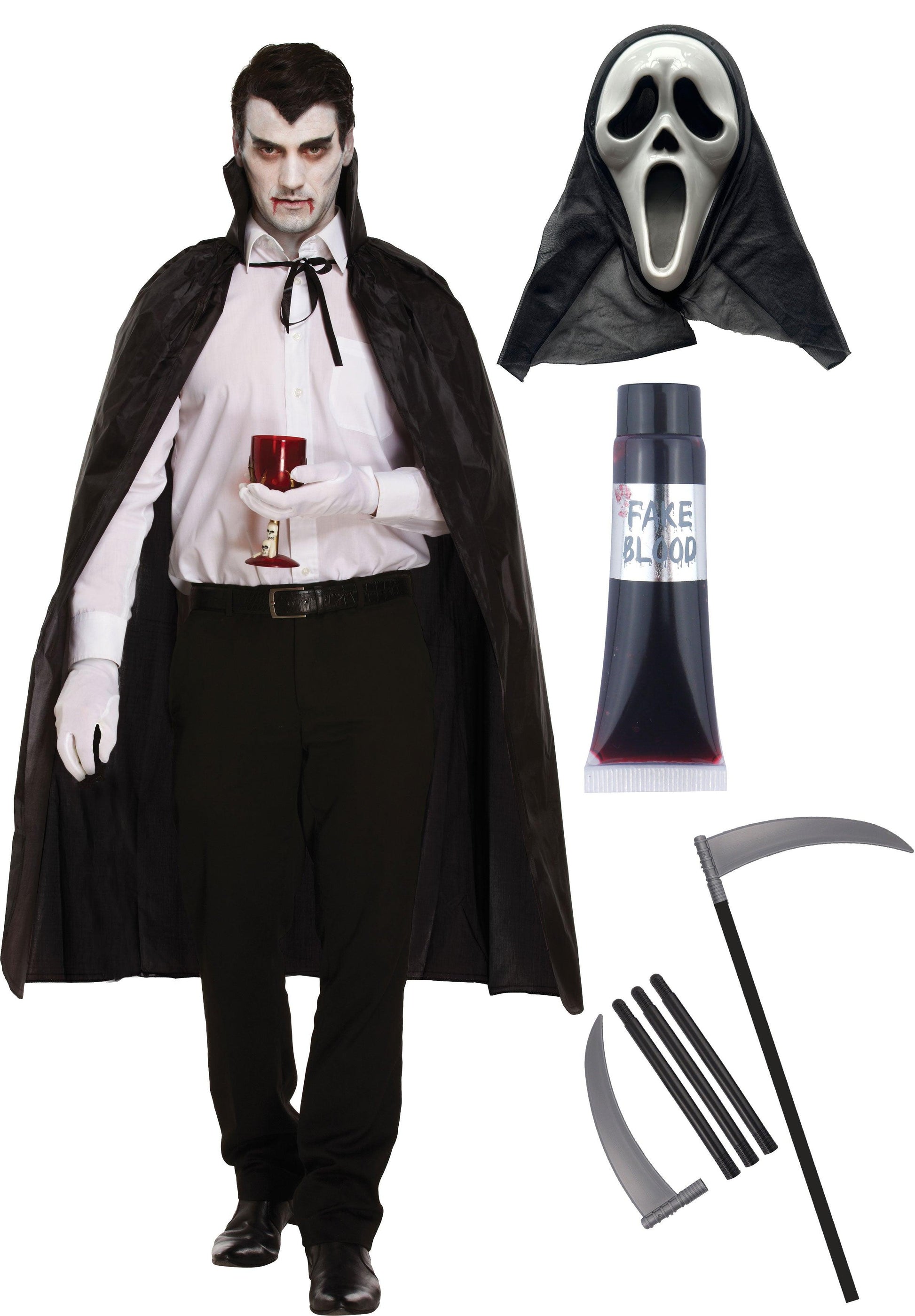 Black Dracula Cape with Collar Scream Ghost Killer Mask Grim Reaper Scythe Prop 110 Cm Halloween Scary Dracula Costume - Labreeze