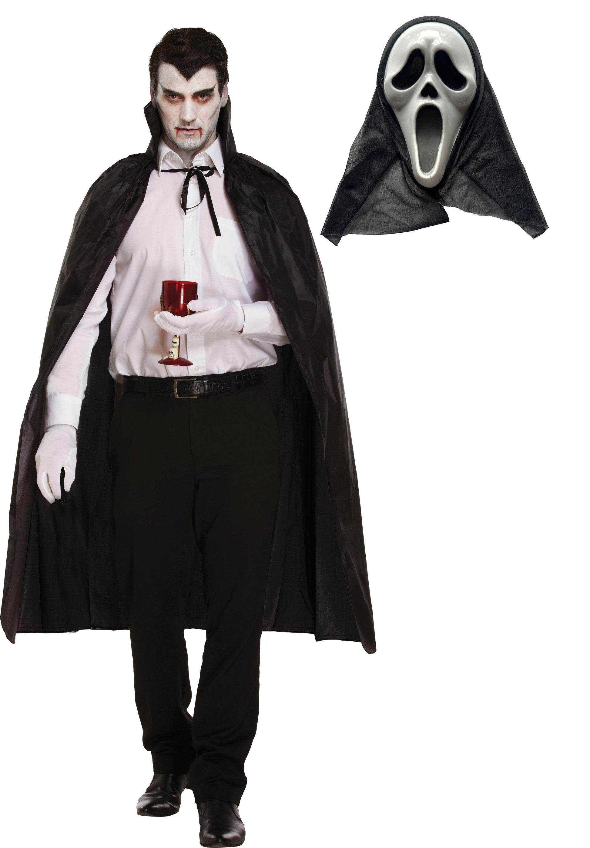 Black Dracula Cape with Collar with Scream Ghost Killer Mask Halloween Scary Dracula Fancy Dress Costume - Labreeze