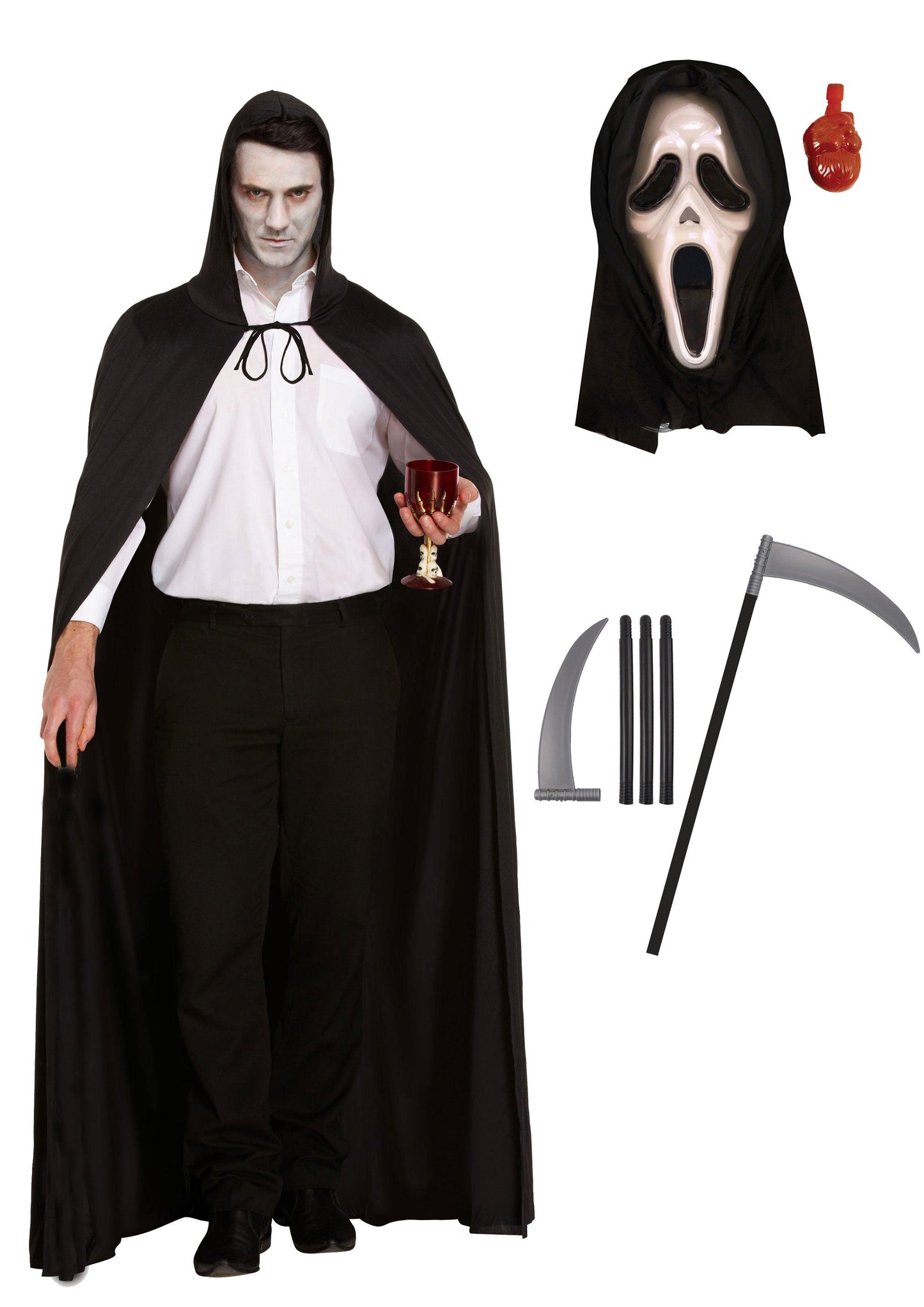 Black Hooded Cape Scream Bleeding Mask Scythe Halloween Grim Reaper Fancy Dress Party Costume - Labreeze