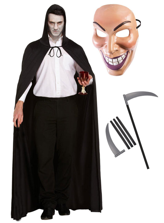 Black Long Cape with Hood Male Purge Evil Grin Face Mask Grim Reaper Scythe Halloween Scary Dracula Fancy Dress Costume - Labreeze