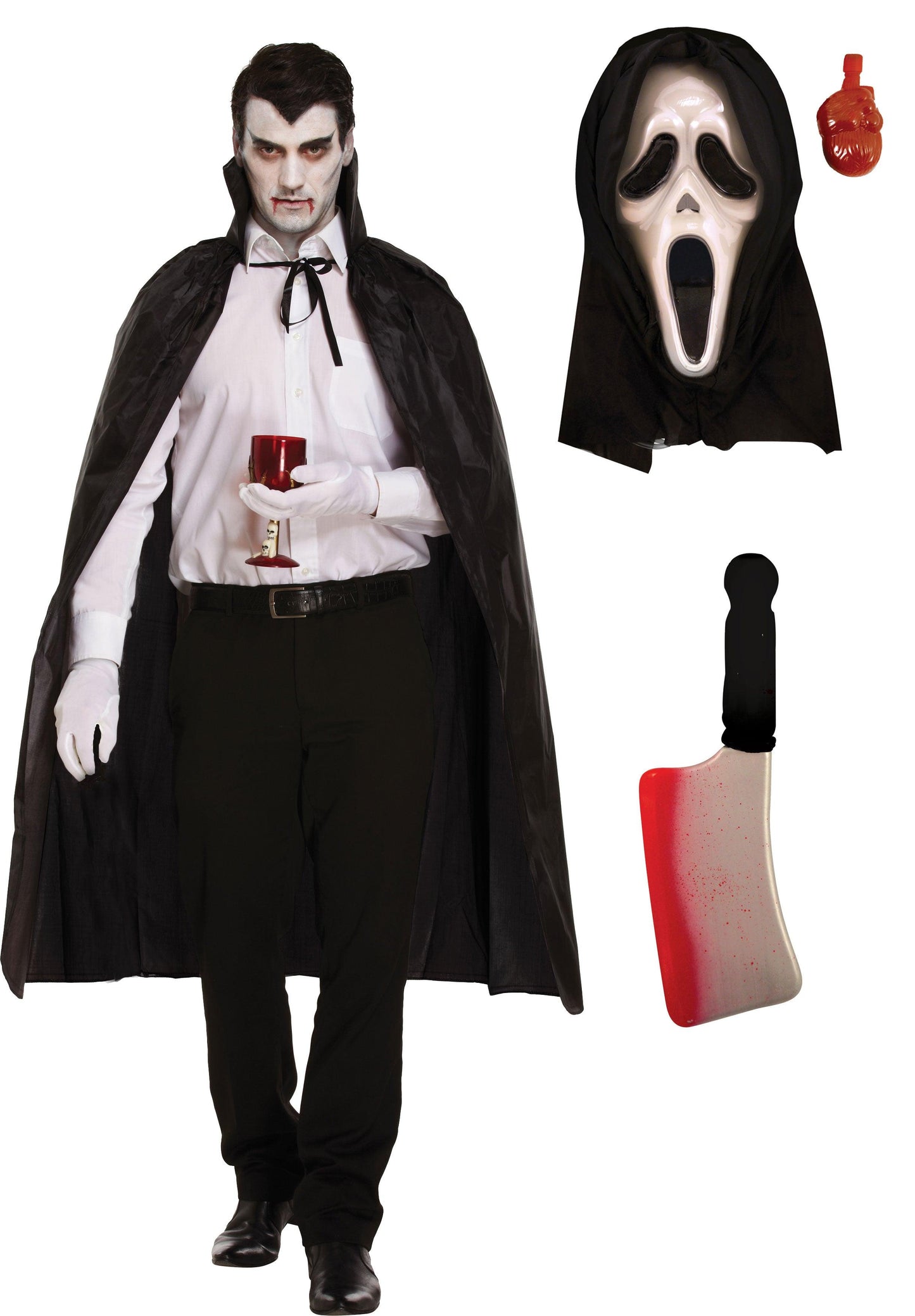 Black Long Dracula Cape with Collar Scream Bleeding Mask Fake Blooded Cleaver Weapon Halloween Scary Dracula Costume - Labreeze