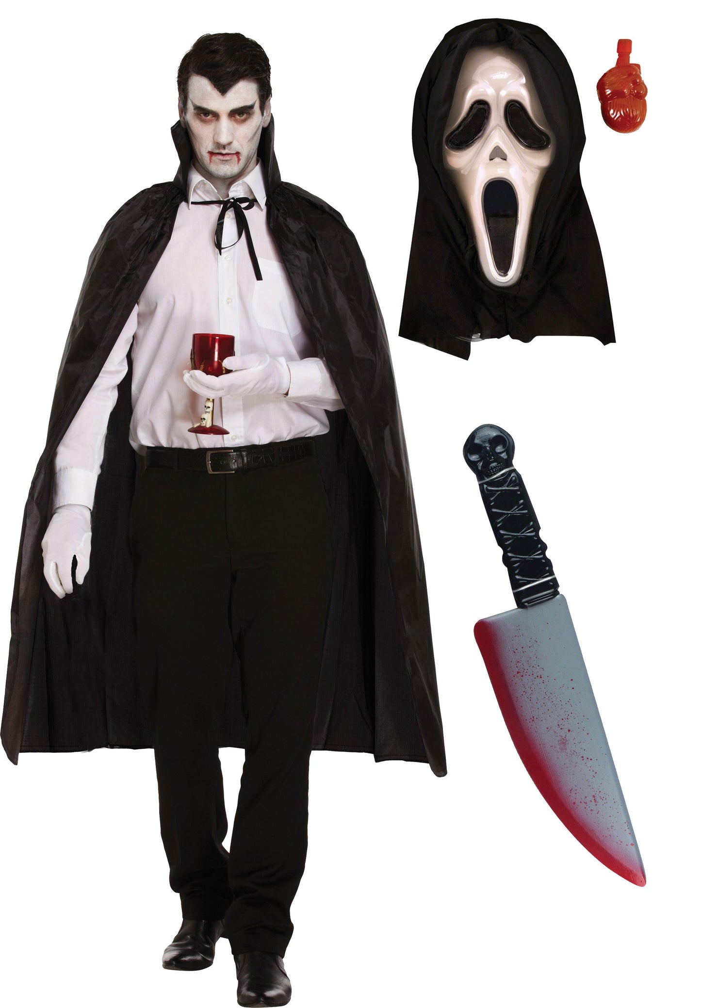 Black Long Dracula Cape with Collar Scream Bleeding Mask Fake Blooded Knife Weapon 38 Cm Halloween Scary Dracula Costume - Labreeze