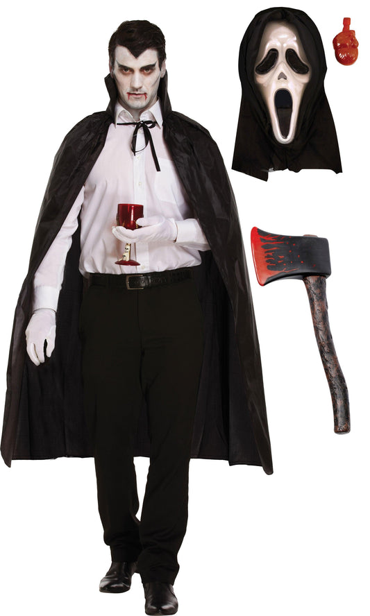 Black Long Dracula Cape with Collar, Scream Bleeding Mask, Fake Bloody Axe Prop - Halloween Scary Dracula Costume - Labreeze