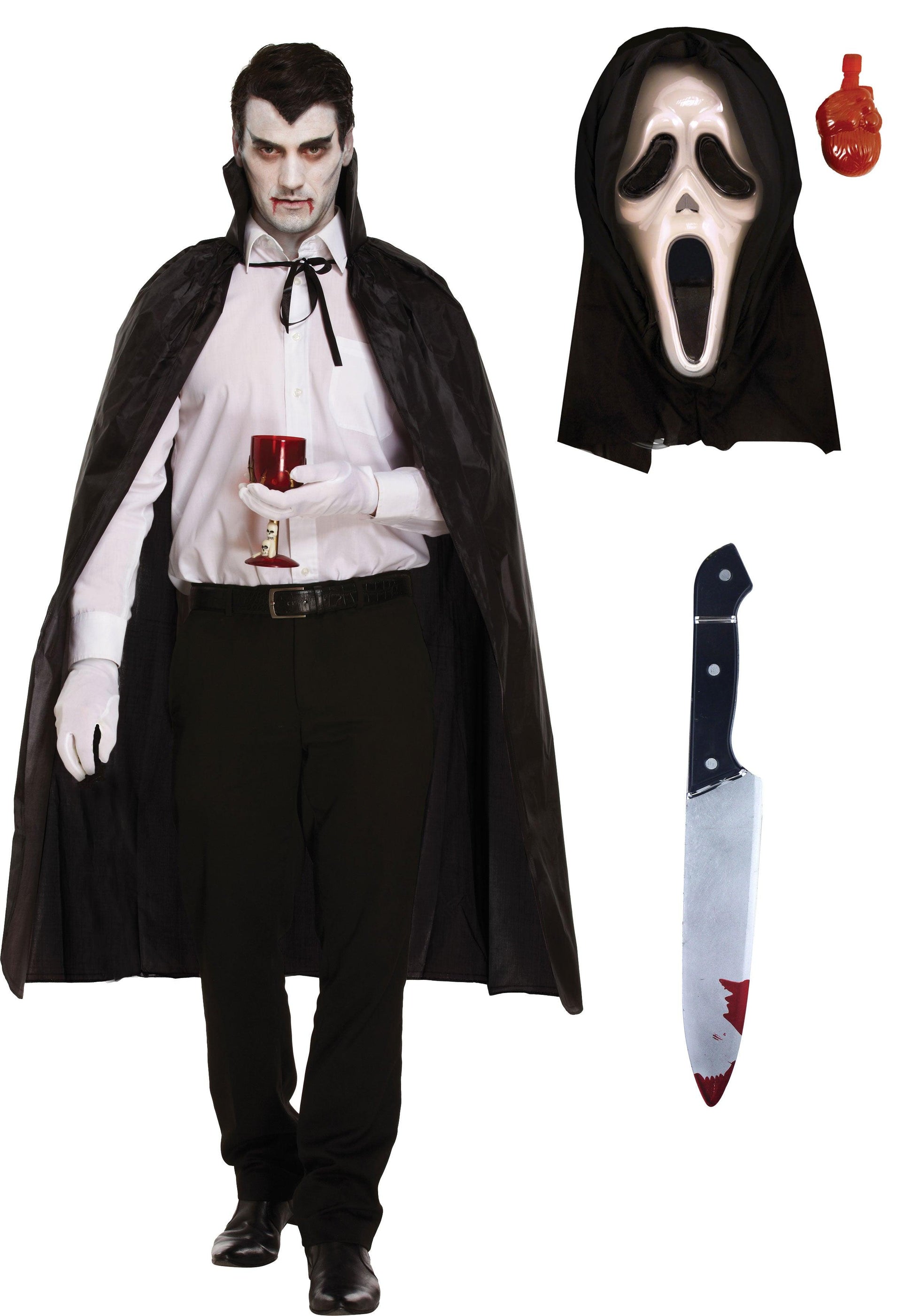 Black Long Dracula Cape with Collar Scream Bleeding Mask Fake Bloody Knife 31 Cm Weapon Halloween Scary Dracula Costume - Labreeze