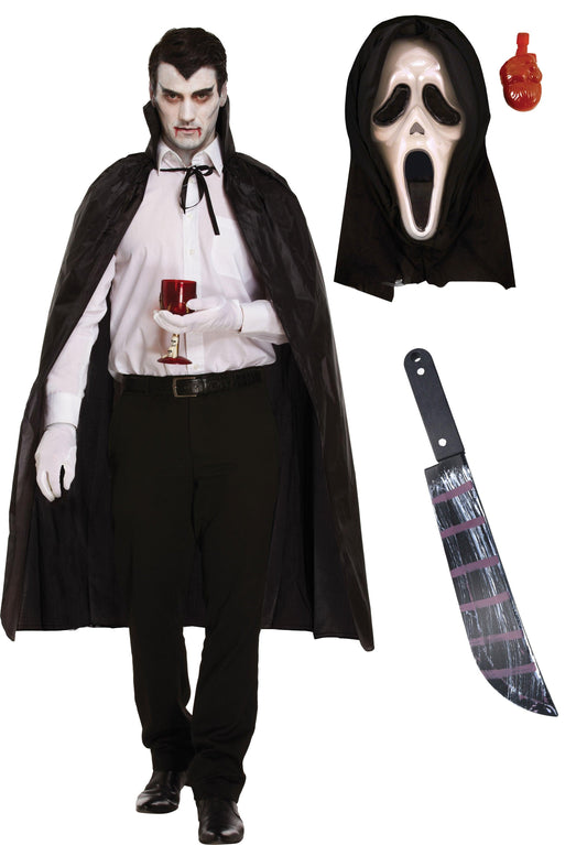 Black Long Dracula Cape with Collar Scream Bleeding Mask Plastic Blood Stained Machete Halloween Scary Dracula Costume - Labreeze