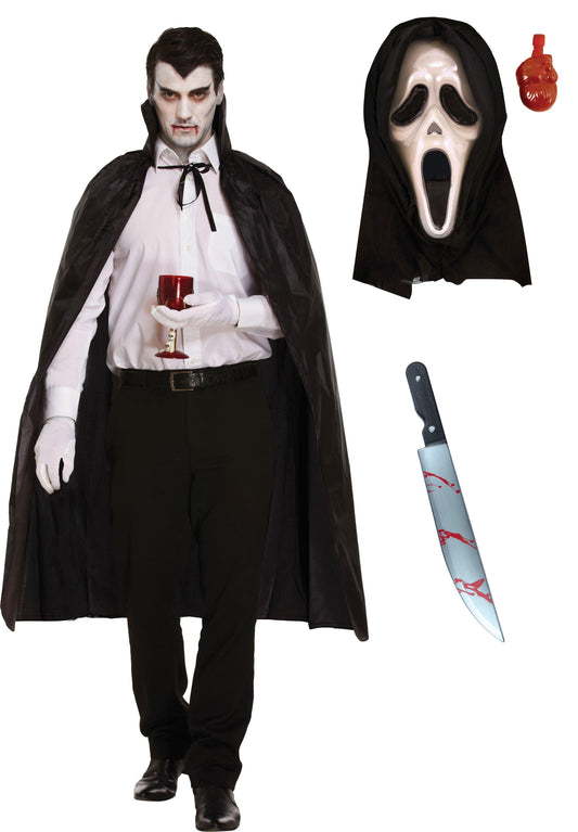 Black Long Dracula Cape with Collar Scream Bleeding Mask Plastic Blooded Knife 50 Cm Halloween Scary Dracula Costume - Labreeze