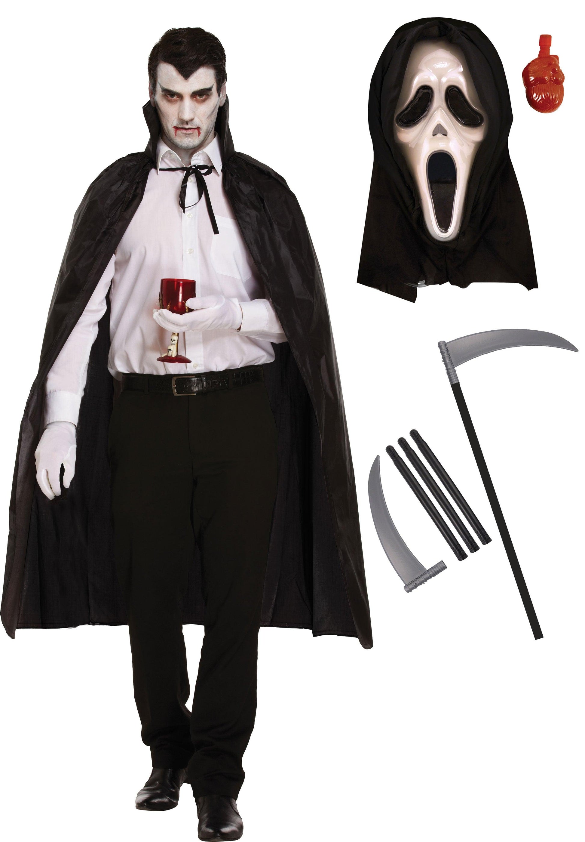 Black Long Dracula Cape with Collar Scream Bleeding Mask Plastic Reaper Scythe 110 Cm Halloween Scary Dracula Costume - Labreeze