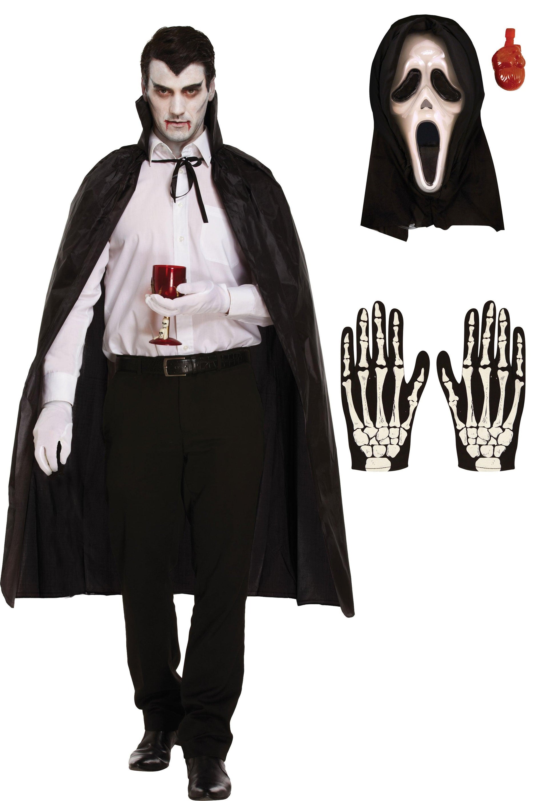 Black Long Dracula Cape with Collar Scream Bleeding Mask Skeleton Gloves Halloween Scary Dracula Costume - Labreeze