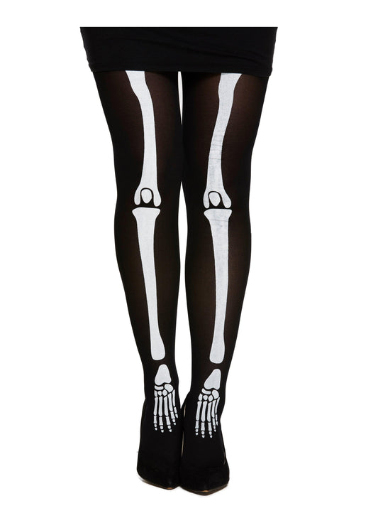 Black Skeleton Tights White Bone Print Ladies Girls Halloween Fancy Dress Pants - Labreeze