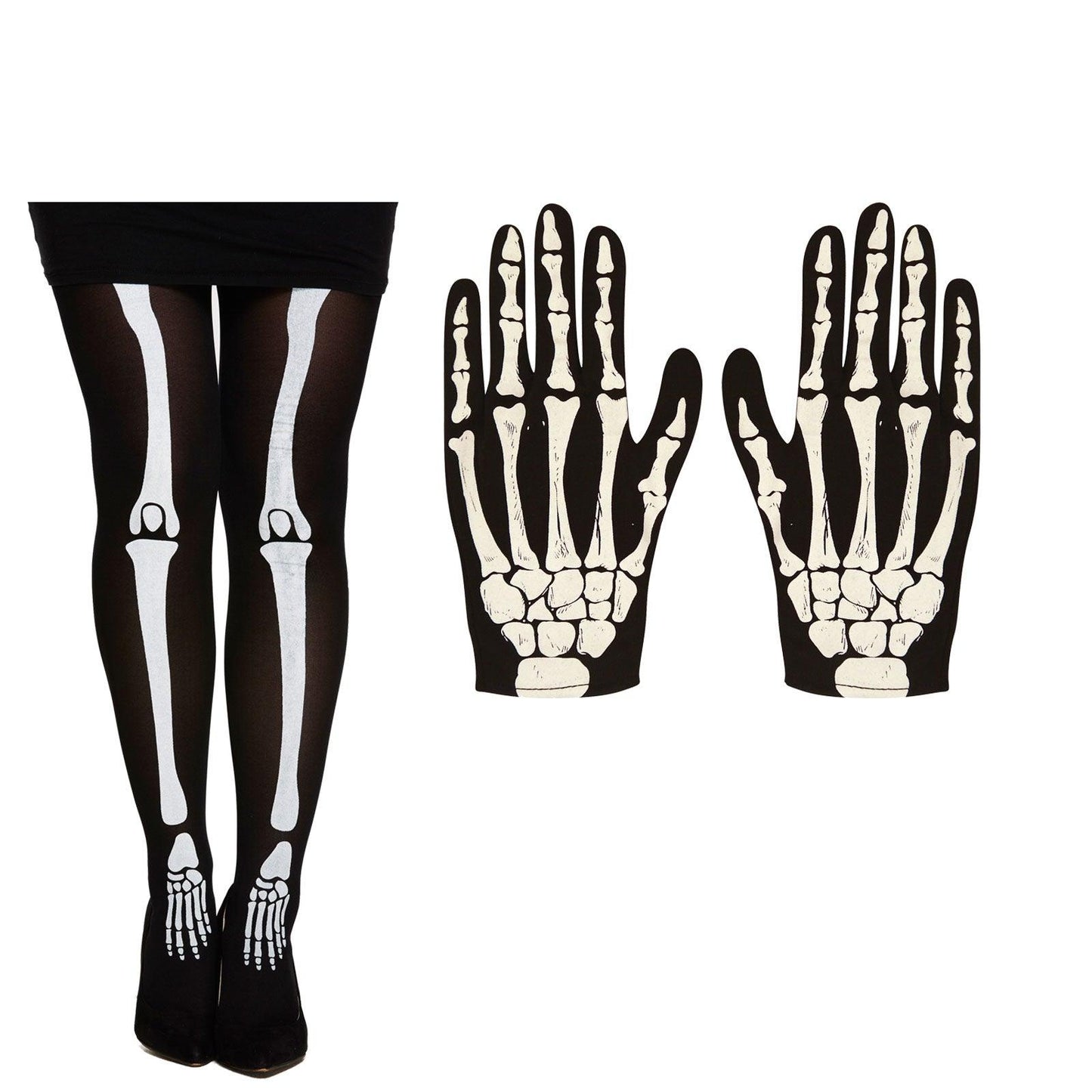 Black Skeleton Tights White Bone Print with Gloves Ladies Girls Halloween Fancy Dress 2 Pcs Set - Labreeze