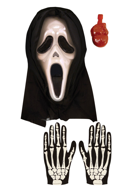 Bleeding Spooky Plastic Scream Mask with Blood & Adults Skeleton Bone Print Gloves Halloween Spooky Horror Fancy Dress Set - Labreeze