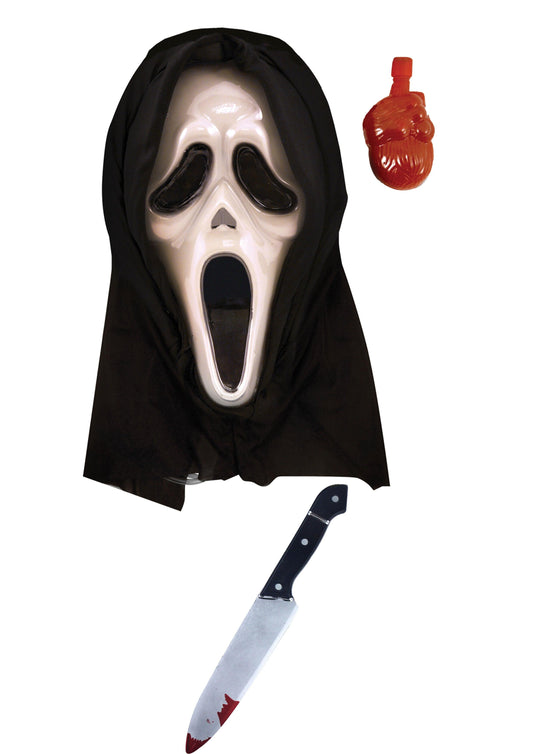 Bleeding Spooky Plastic Scream Mask with Blood & Fake Bloodied Knife 31cm Prop Halloween Horror Fancy Dress Set - Labreeze