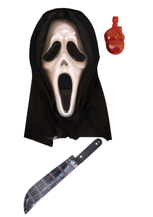 Bleeding Spooky Plastic Scream Mask with Blood & Fake Bloodied Machete Weapon Prop Halloween Horror Fancy Dress Set - Labreeze