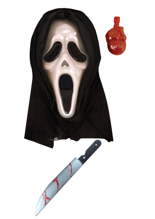 Bleeding Spooky Plastic Scream Mask with Blood & Fake Plastic Bloodied Kitchen Knife 50cm Prop Halloween Spooky Horror Fancy Dress Set - Labreeze