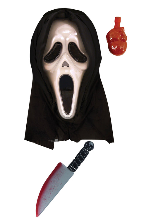 Bleeding Spooky Plastic Scream Mask with Blood & Novelty Fake Blooded Knife Weapon Prop 38cm Halloween Spooky Horror Fancy Dress Set - Labreeze